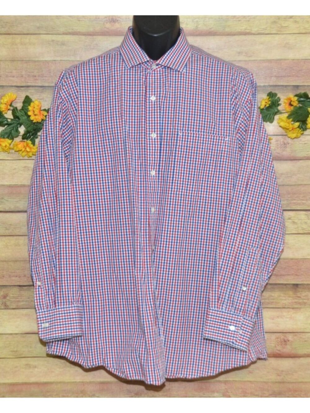 Tommy Hilfiger 17.5 34/35 Regular Fit Dress Shirt Red Blue Plaid Cotton Button